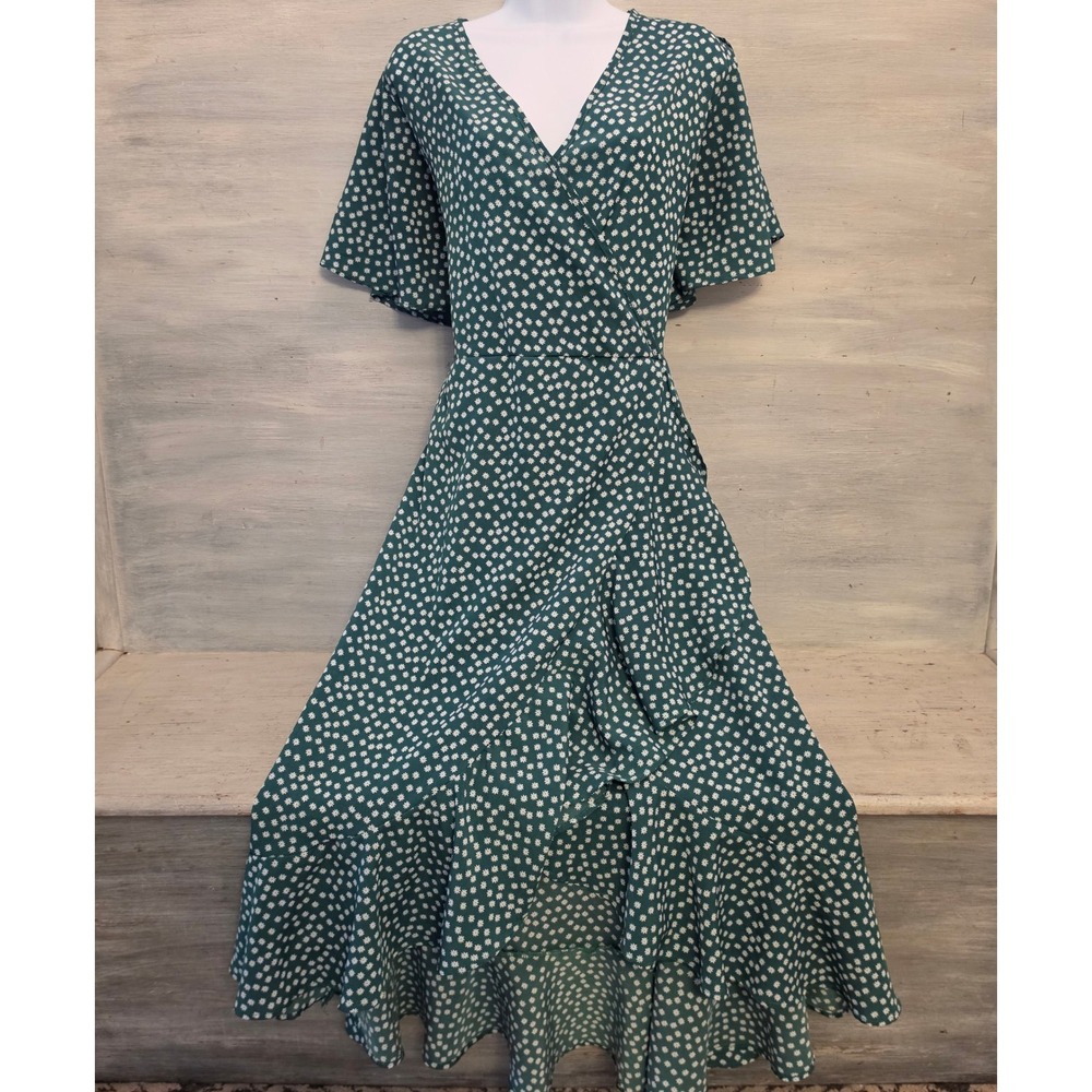 Kelly Green/White 65% Cotton Floral Ruffle High/Low Midi Dress Large GC